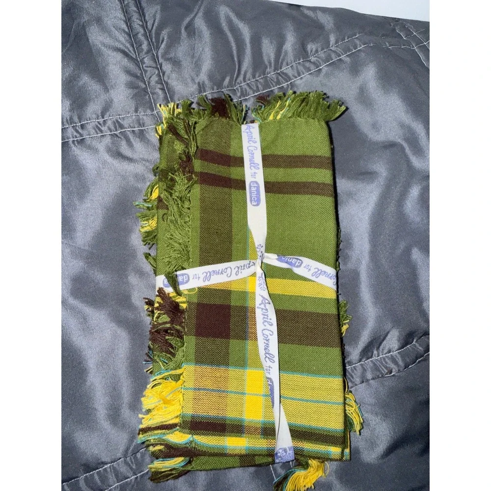 April Cornell for Danica Painters Plaid Olive Cotton Fringed Napkins Set of 4